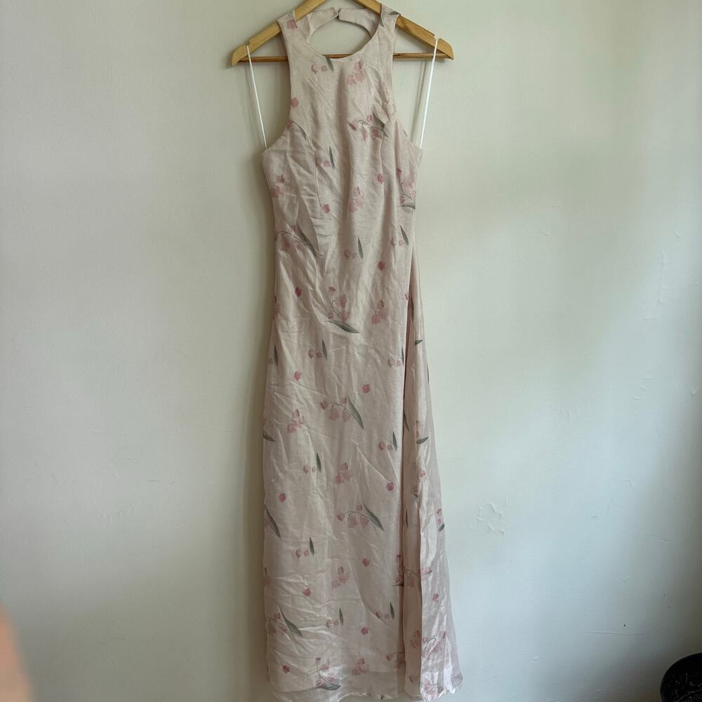 Freesia Pink and Cream Floral Romantic Silky Midi Open Back Dress Size M